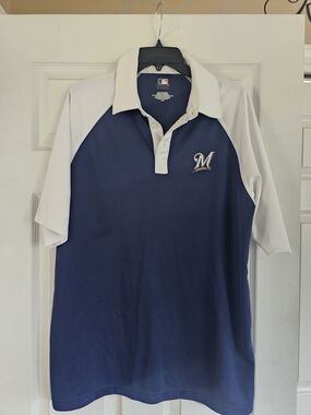 MLB Men's Navy and White Milwaukee Brewers Polo L